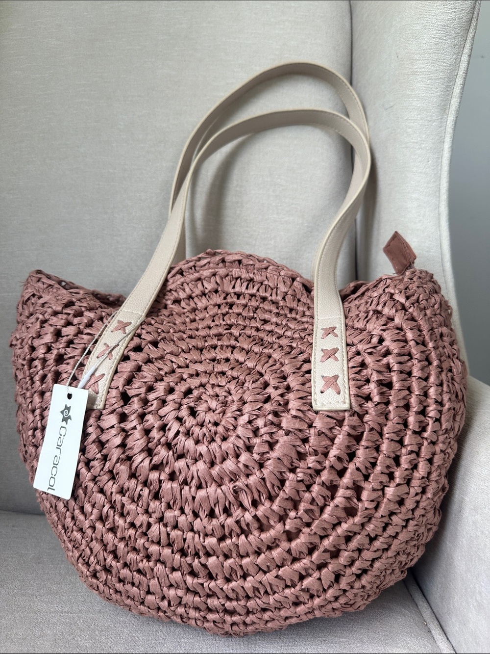 Dusty Rose Woven Tote with Cream Handles